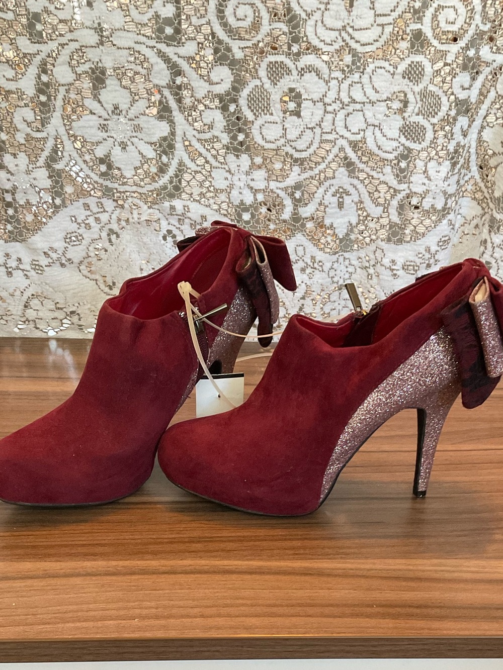 Bamboo Rhythm-73 Burgundy Glitter Bow Stiletto Booties Size 9 - Picture 8 of 9
